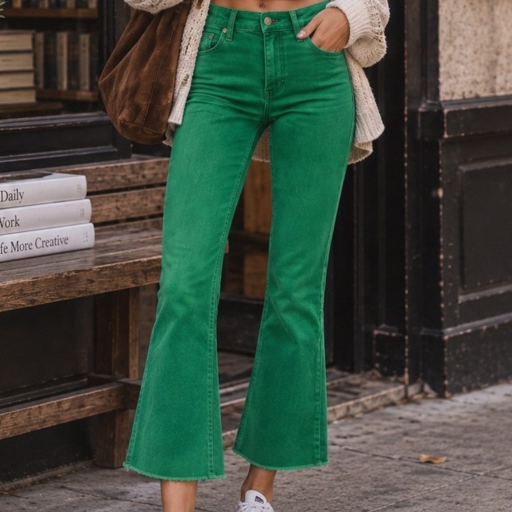 Just Black Denim Womens Kelly Green High Rise Raw Hem Flare Jeans Size 27 USA